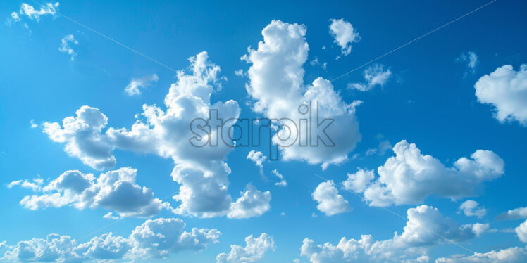 A clear blue sky with fluffy clouds lazily drifting overhead - Starpik Stock