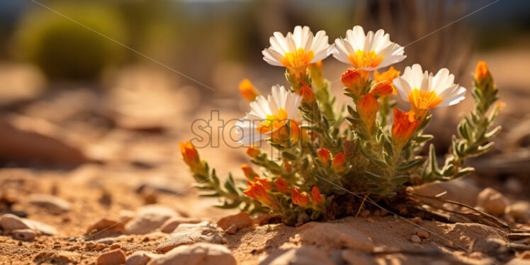 A close-up of a blooming desert wildflower amidst the arid Arizona soil - Starpik Stock