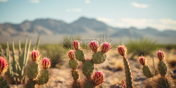 A cluster of Barrel cacti, standing tall in the arid expanse of the desert - Starpik Stock