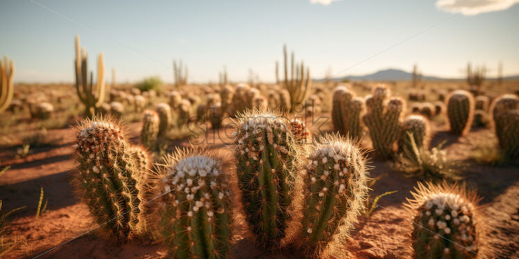 A cluster of Barrel cacti, standing tall in the arid expanse of the desert - Starpik Stock