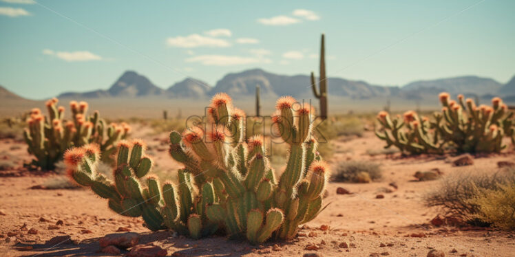 A cluster of Barrel cacti, standing tall in the arid expanse of the desert - Starpik Stock