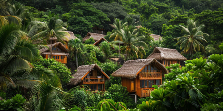 A cluster of charming beach bungalows nestled amidst lush greenery - Starpik Stock