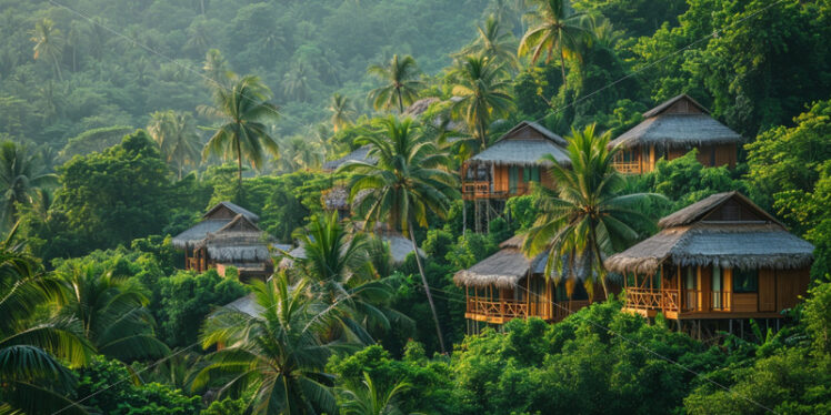 A cluster of charming beach bungalows nestled amidst lush greenery - Starpik Stock