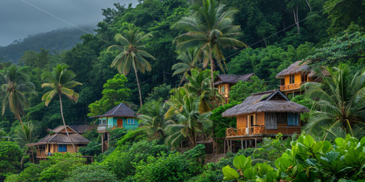 A cluster of charming beach bungalows nestled amidst lush greenery - Starpik Stock