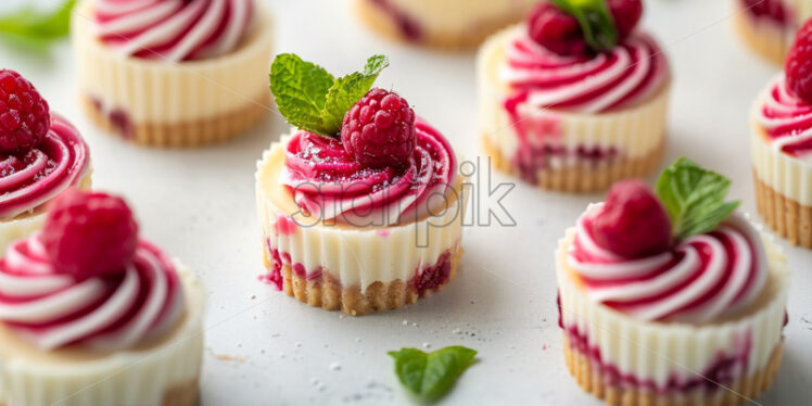 A collection of miniature cheesecakes with raspberry swirls and mint garnish on a clean white surface - Starpik Stock