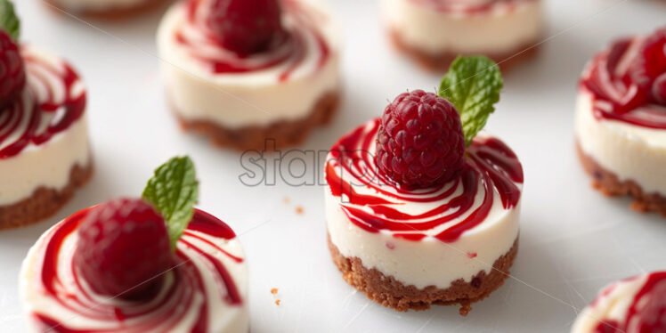 A collection of miniature cheesecakes with raspberry swirls and mint garnish on a clean white surface - Starpik Stock