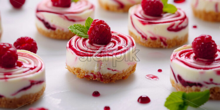 A collection of miniature cheesecakes with raspberry swirls and mint garnish on a clean white surface - Starpik Stock