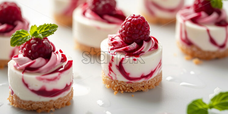 A collection of miniature cheesecakes with raspberry swirls and mint garnish on a clean white surface - Starpik Stock