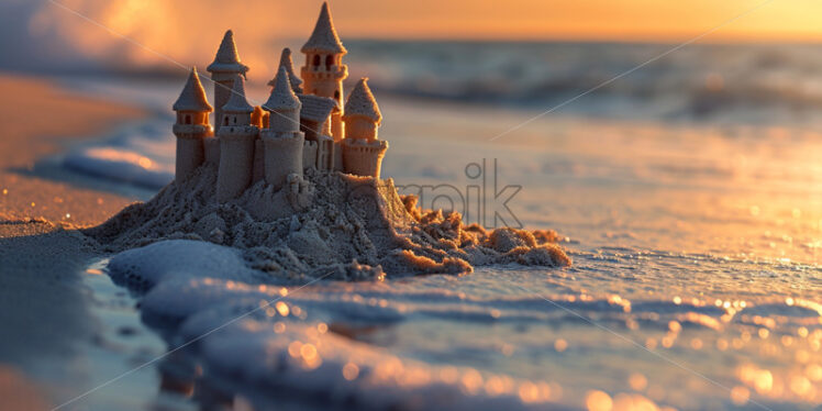 A collection of sandcastles along the waterline - Starpik Stock