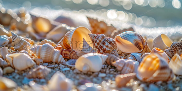 A collection of whimsical seashells scattered along the shoreline - Starpik Stock