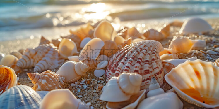 A collection of whimsical seashells scattered along the shoreline - Starpik Stock