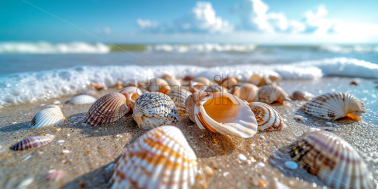 A collection of whimsical seashells scattered along the shoreline - Starpik Stock