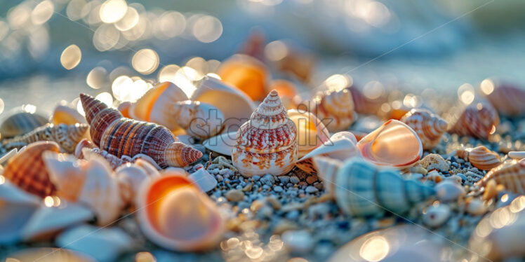 A collection of whimsical seashells scattered along the shoreline - Starpik Stock