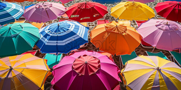 A colorful array of beach umbrellas and loungers - Starpik Stock