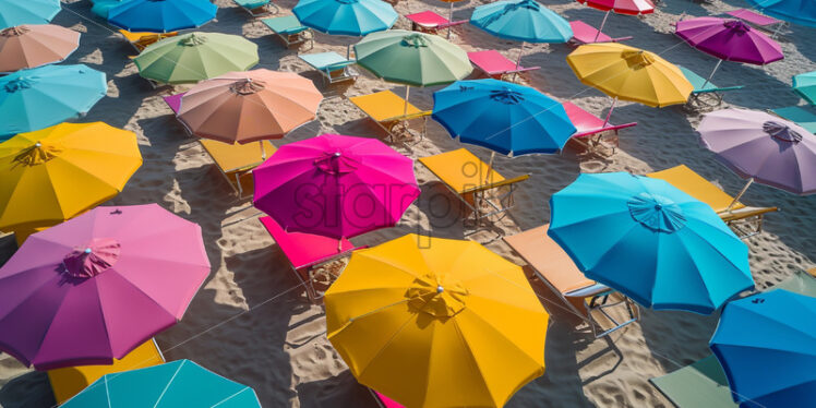 A colorful array of beach umbrellas and loungers - Starpik Stock