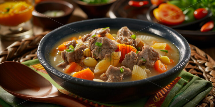 A comforting bowl of Filipino Ginisang Munggo (Sauteed Mung Bean Soup) presented on a checkered tablecloth, capturing the essence of homely warmth - Starpik Stock