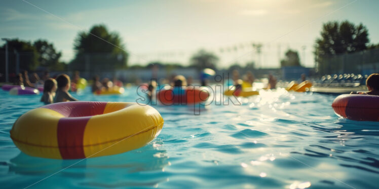 A community pool with colorful floatation devices scattered around and children playing in the water - Starpik Stock