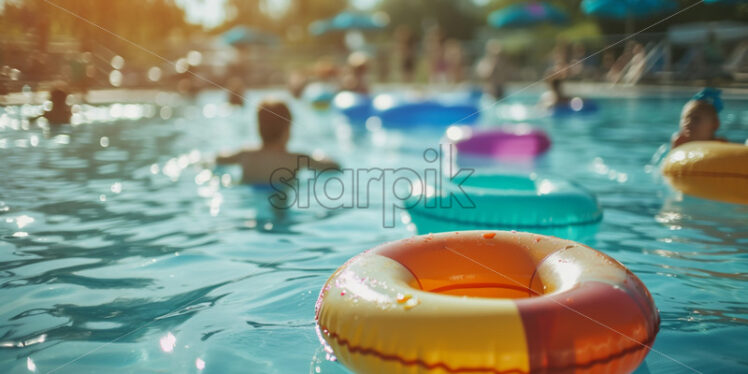 A community pool with colorful floatation devices scattered around and children playing in the water - Starpik Stock