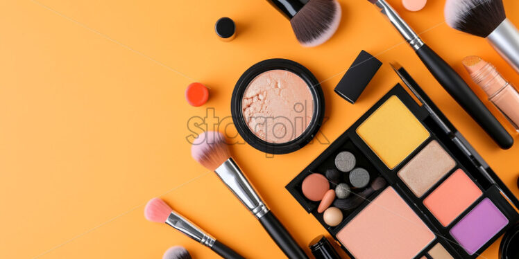 A composition of professional makeup equipment on an orange background - Starpik Stock