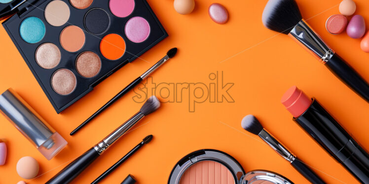 A composition of professional makeup equipment on an orange background - Starpik Stock