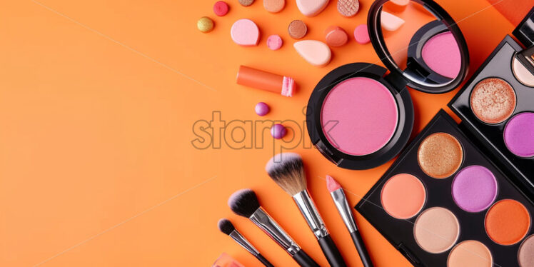 A composition of professional makeup equipment on an orange background - Starpik Stock