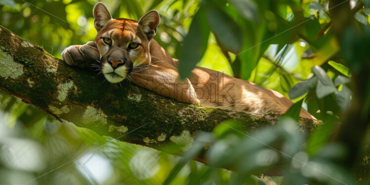 A cougar lying on a tree branch - Starpik Stock