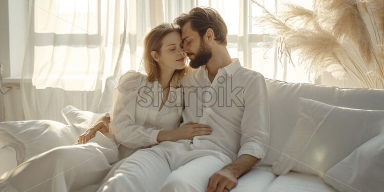 A couple in a white apartment minimalistic - Starpik Stock