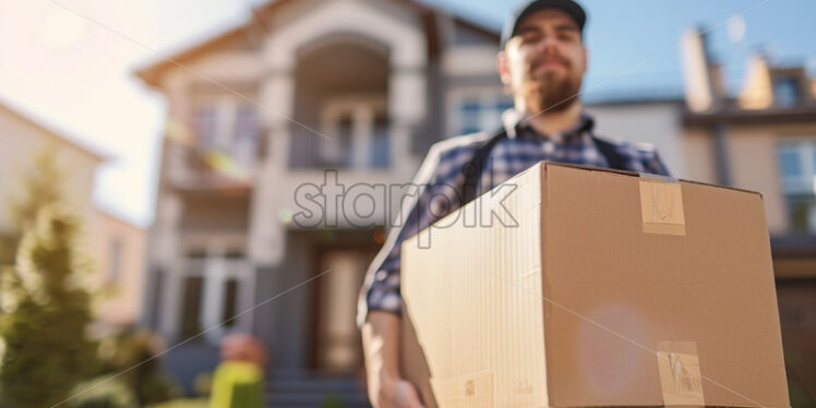 A courier holding a cardboard package - Starpik Stock