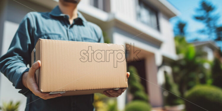 A courier holding a cardboard package - Starpik Stock