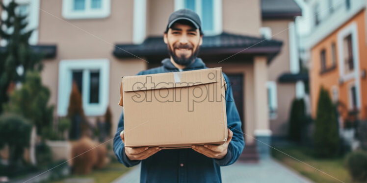 A courier holding a cardboard package - Starpik Stock