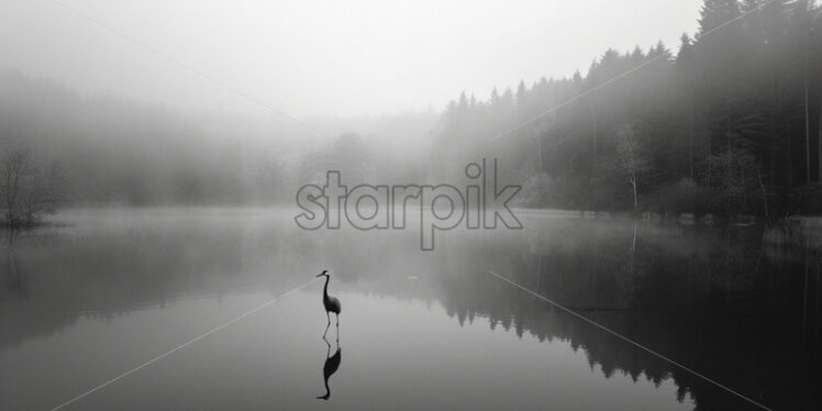 A crane on a lake in the forest in dense fog, black and white image - Starpik Stock