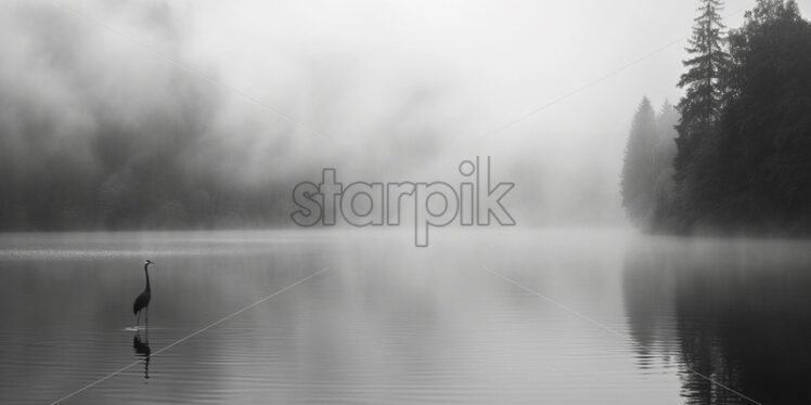 A crane on a lake in the forest in dense fog, black and white image - Starpik Stock