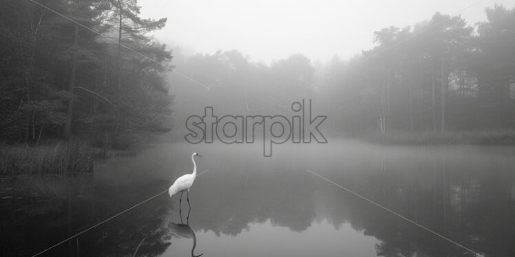 A crane on a lake in the forest in dense fog, black and white image - Starpik Stock