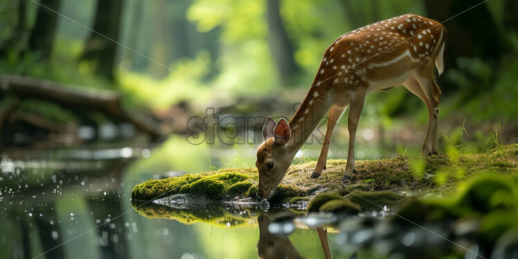 A deer drinks water from a river in the forest - Starpik Stock