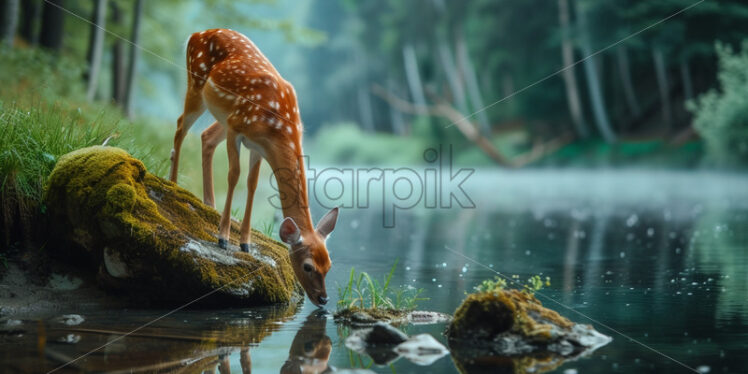 A deer drinks water from a river in the forest - Starpik Stock