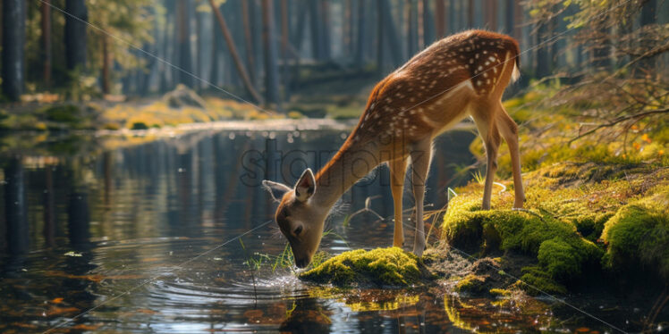 A deer drinks water from a river in the forest - Starpik Stock