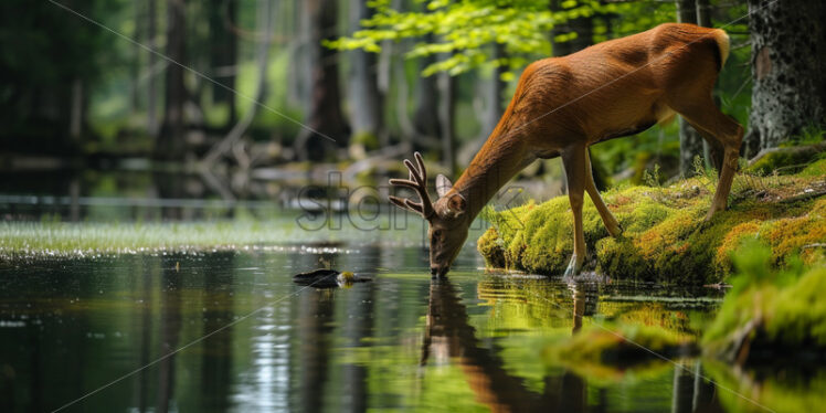 A deer drinks water from a river in the forest - Starpik Stock