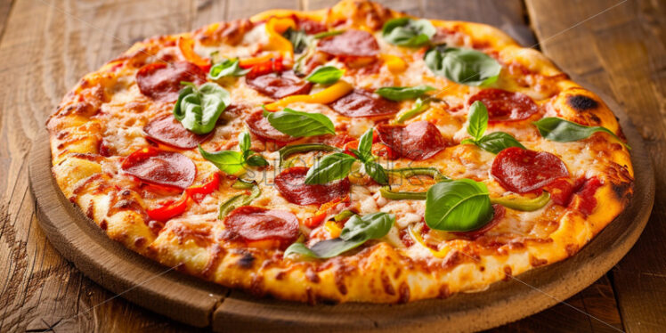 A delicious pizza on a wooden top - Starpik Stock