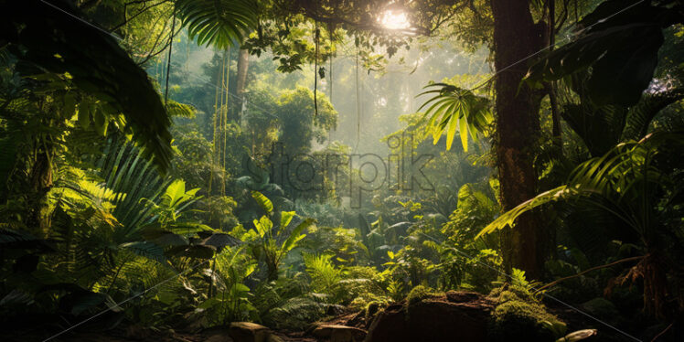 A dense jungle canopy with vibrant and varied flora, hiding mysterious creatures within its shadows - Starpik Stock