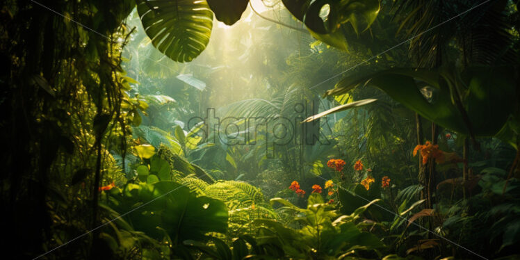 A dense jungle canopy with vibrant and varied flora, hiding mysterious creatures within its shadows - Starpik Stock