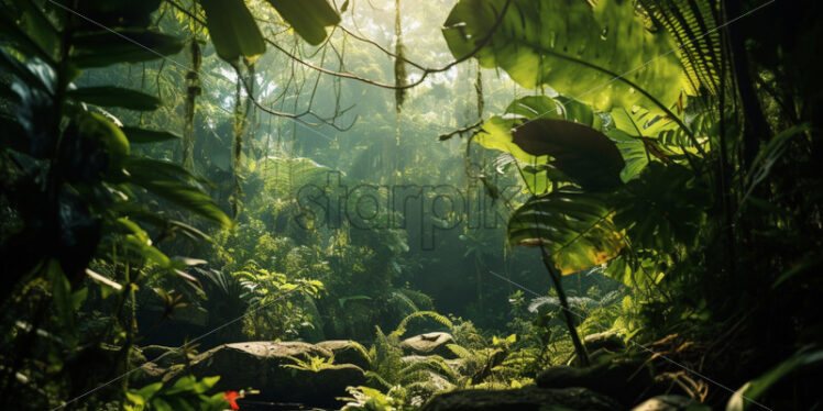 A dense jungle canopy with vibrant and varied flora, hiding mysterious creatures within its shadows - Starpik Stock