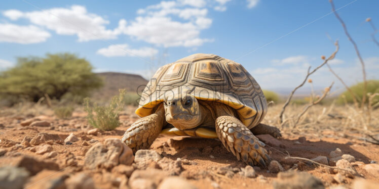 A desert tortoise cautiously emerging from its burrow in the arid landscape - Starpik Stock