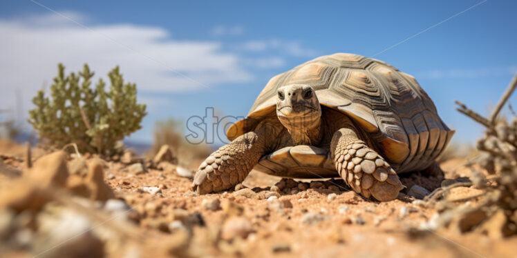 A desert tortoise cautiously emerging from its burrow in the arid landscape - Starpik Stock