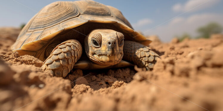 A desert tortoise cautiously emerging from its burrow in the arid landscape - Starpik Stock