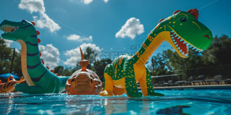 A dinosaur-themed pool day with inflatable dinosaurs - Starpik Stock