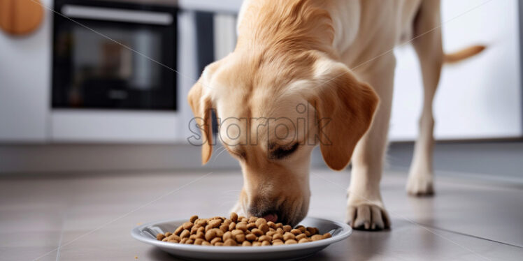 A dog eats cat food from a plate - Starpik Stock