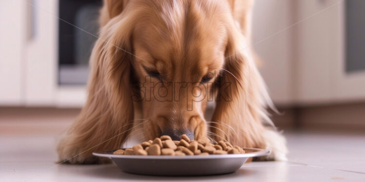 A dog eats cat food from a plate - Starpik Stock