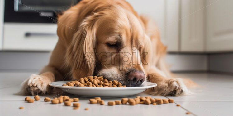 A dog eats cat food from a plate - Starpik Stock