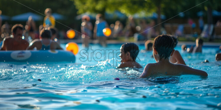 A family-friendly pool party with games, snacks, and parents joining in on the water activities with their kids - Starpik Stock