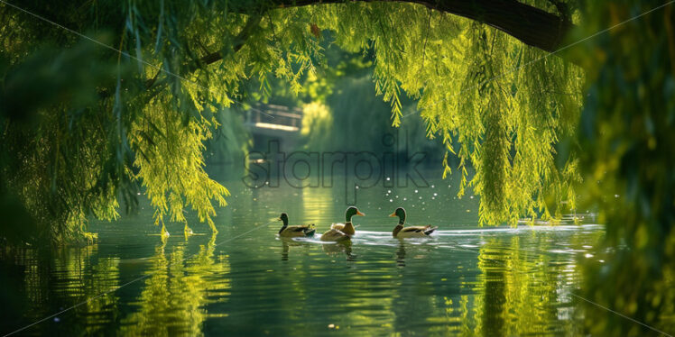 A family of ducks gliding peacefully across a serene pond framed by weeping willows - Starpik Stock